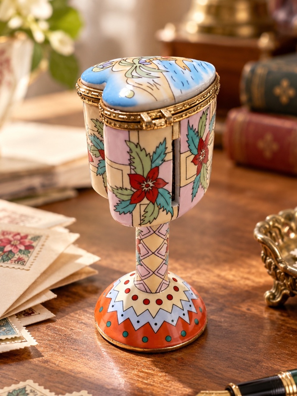 Classic Collectables Porcelain Floral Postage Stamp Holder 24K Gold Accents